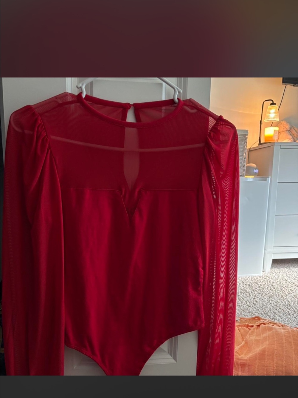 Red Sheer-cut out Long Sleeve Bodysuit